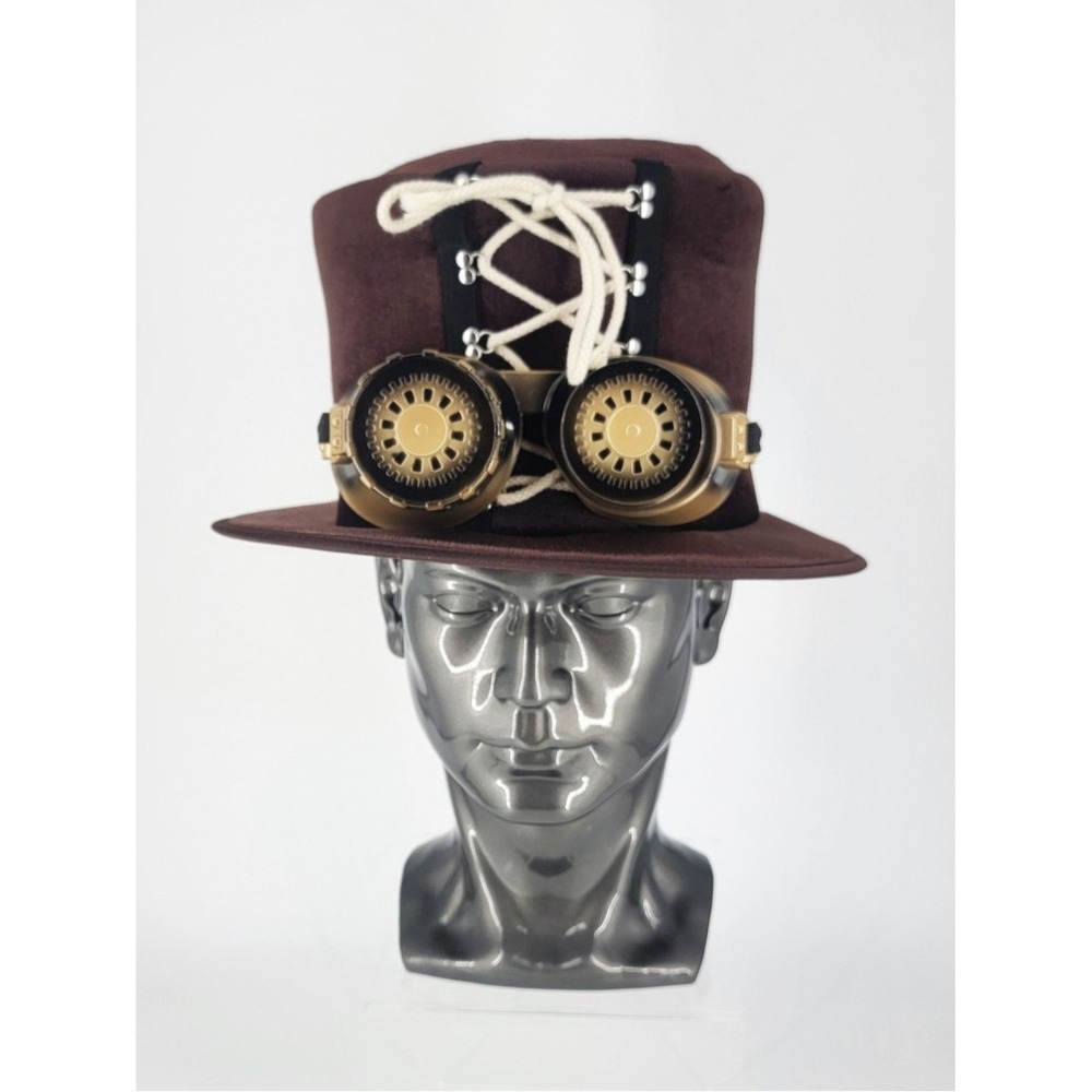 Spirit Steampunk Brown Faux Felt Top Hat Brass Plastic Goggles One Size